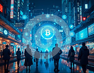 Conceptual scene of people trading digital currencies via holographic interfaces in a futuristic financial district photo