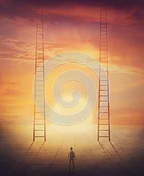 Conceptual scene, person stands in front of a decisive choice with two ladders going up to the sky. Surreal stairways to paradise