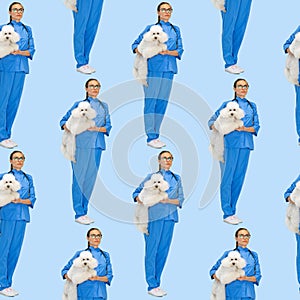 Conceptual seamless pattern made of portraits of female vet with white dog isolated on blue background. Concept of