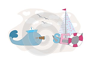 Conceptual SEO background. Vector cartoon whale with a spyglass that looks at the SEO inscription. Search Engine Optimization