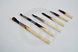 Conceptual set of burnt matches gradually arranged by stages of their incineration