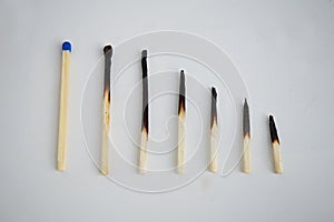 Conceptual set of burnt matches gradually arranged by stages of their incineration photo