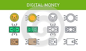 Conceptual signs of Digital Money. Isolated Vector illustration