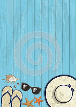 Conceptual summer vertical banner on blue wooden