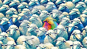Conceptual surreal illustration of the rebel, the odd one in a herd of identical sheep photo