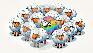 Conceptual surreal illustration of the rebel, the odd one in a herd of identical sheep photo