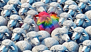 Conceptual surreal illustration of the rebel, the odd one in a herd of identical sheep photo