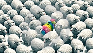 Conceptual surreal illustration of the rebel, the odd one in a herd of identical sheep photo