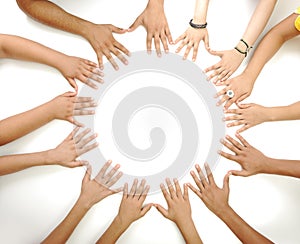 Conceptual symbol of multiracial children hands photo