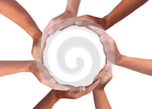 Conceptual symbol of multiracial human hands making a circle