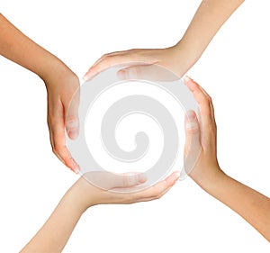 Conceptual symbol of multiracial human hands making a circle on