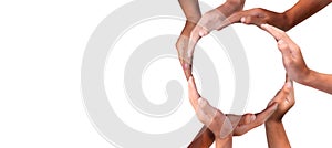 Conceptual symbol of multiracial human hands making a circle on white background with a copy space in the middle.