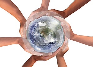 Conceptual symbol of multiracial human hands surrounding the Earth globe. Unity, world peace, humanity concept