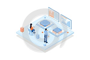 Conceptual template with people and screens with microprocessors performance metrics or indicators. Scene for microchip or