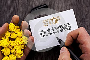 Conceptual text showing Stop Bullying. Business photo showcasing Awareness Problem About Violence Abuse Bully Problem written on N