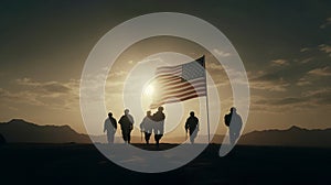 Conceptual US Flag with American soldiers silhouette. Al generated