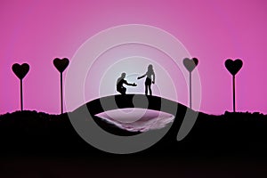 Conceptual valentine holiday illustration. A man proposing a girl silhouette above the bridge with heart lamp