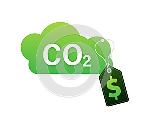 Conceptual vector illustration of green cloud with CO2 text and price tag, representing the cost of carbon emissions