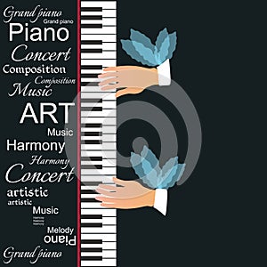 Conceptual vector illustration with winged hands playing the piano keys isolated on black background.