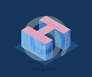 Conceptual vector logo of the Hostel.Illustration in a minimalist style,building of a hostel or hotel in the form of a letter H.