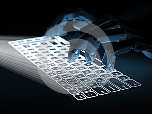 Conceptual virtual keyboard projected onto surface and robot hands