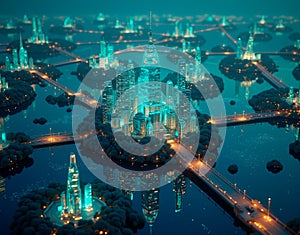 Conceptual visualization of decentralized finance as floating islands in cyberspace, interconnected by glowing bridges of light photo