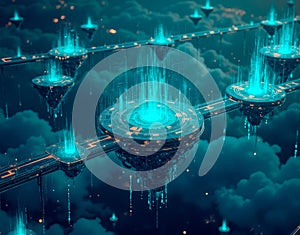 Conceptual visualization of decentralized finance as floating islands in cyberspace, interconnected by glowing bridges of light photo