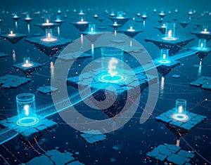 Conceptual visualization of decentralized finance as floating islands in cyberspace, linked by glowing light bridges symbolizing photo