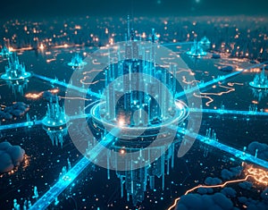 Conceptual visualization of decentralized finance as floating islands in cyberspace, linked by glowing light bridges symbolizing photo