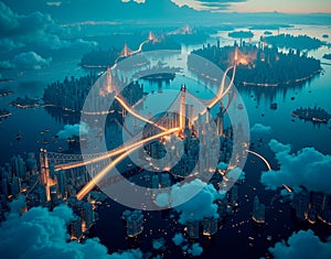 Conceptual visualization of decentralized finance as floating islands in cyberspace, linked by glowing light bridges symbolizing photo