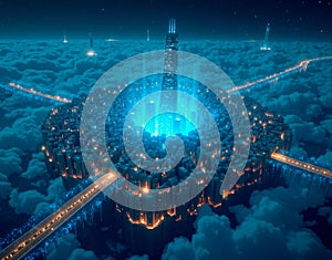 Conceptual visualization of decentralized finance as floating islands in cyberspace, linked by glowing light bridges symbolizing photo