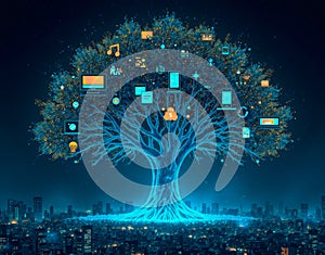 Conceptual visualization of DeFi as a glowing tree in cyberspace, its branches symbolizing financial services and products photo