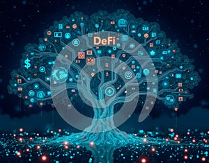 Conceptual visualization of DeFi as a glowing tree in cyberspace, its branches symbolizing financial services and products photo