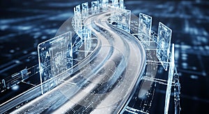 Abstract digital highway winding through futuristic glowing blue cityscape with data streams and light trails