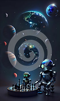 A conceptual visualization of two robots playing chess, generated by AI.