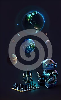 A conceptual visualization of two robots playing chess, generated by AI.