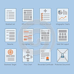 Conceptual web and paper document layouts icons set