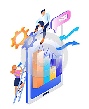Work in a young team. Flat isometric vector illustration isolated on white background.