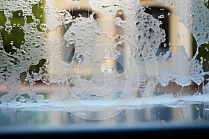 Conceptual window washing Soap foam transforms glass with its cleaning efficacy