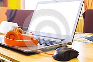 Conceptual workspace. Laptop with the screen in white