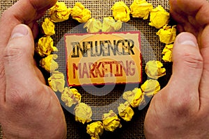 Conceptual writing showing Influancer Marketing. Business photo showcasing Social Media Online Influence Strategy written on Stick