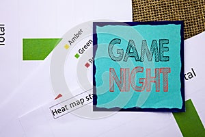 Conceptual writing text showing Game Night. Concept meaning Entertainment Fun Play Time Event For Gaming written on Sticky Note Pa