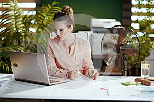 concerned 40 years old business owner woman in green office