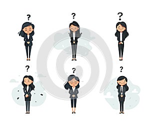 Concerned business woman cartoon set. Standing sad thinking full height jacket suit female girl question marks character
