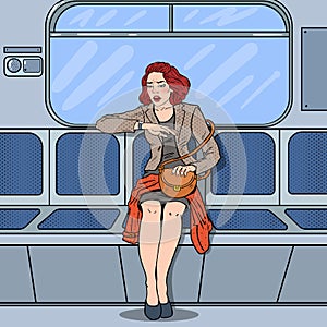 Concerned Business Woman Traveling in Metro Late at Work. Pop Art illustration