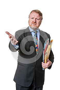 Concerned businessman with folders - on white