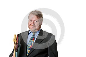 Concerned businessman with folders - on white