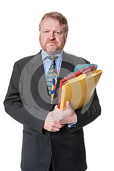 Concerned businessman with folders - on white