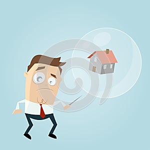 Concerned businessman with house in a soapbubble and a needle