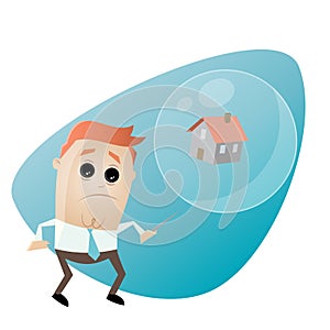Concerned businessman with house in a soapbubble and a needle